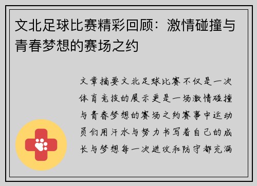 文北足球比赛精彩回顾：激情碰撞与青春梦想的赛场之约