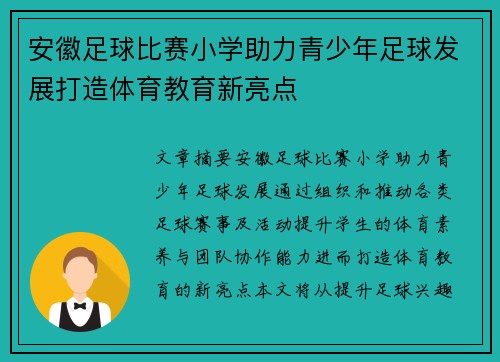 安徽足球比赛小学助力青少年足球发展打造体育教育新亮点