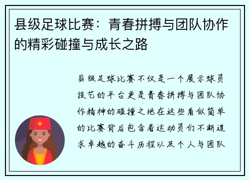 县级足球比赛：青春拼搏与团队协作的精彩碰撞与成长之路
