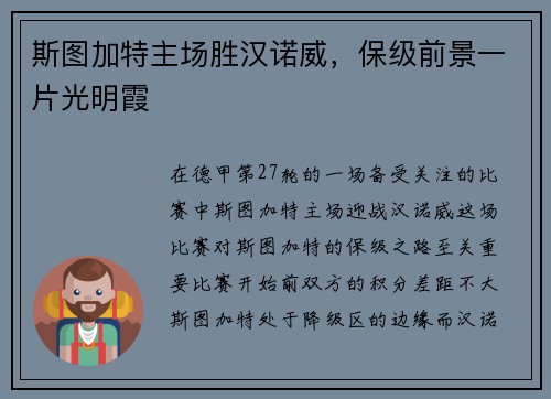 斯图加特主场胜汉诺威，保级前景一片光明霞
