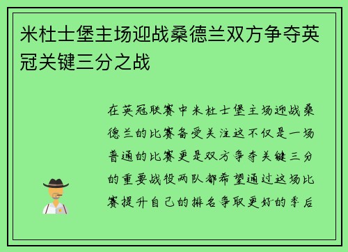 米杜士堡主场迎战桑德兰双方争夺英冠关键三分之战