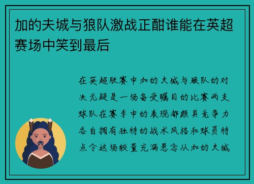 加的夫城与狼队激战正酣谁能在英超赛场中笑到最后