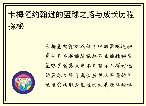 卡梅隆约翰逊的篮球之路与成长历程探秘