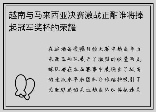 越南与马来西亚决赛激战正酣谁将捧起冠军奖杯的荣耀