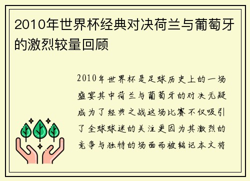 2010年世界杯经典对决荷兰与葡萄牙的激烈较量回顾