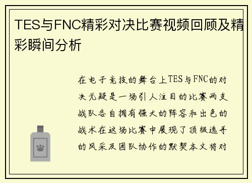 TES与FNC精彩对决比赛视频回顾及精彩瞬间分析