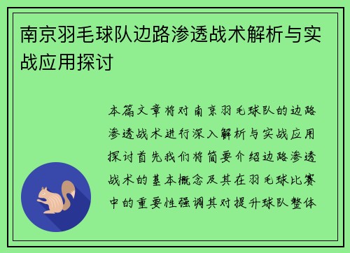 南京羽毛球队边路渗透战术解析与实战应用探讨