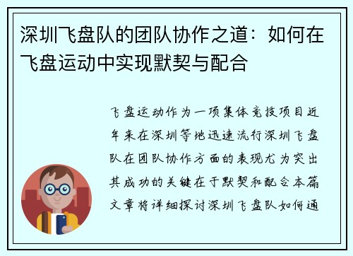 深圳飞盘队的团队协作之道：如何在飞盘运动中实现默契与配合