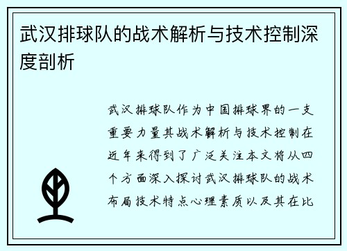 武汉排球队的战术解析与技术控制深度剖析
